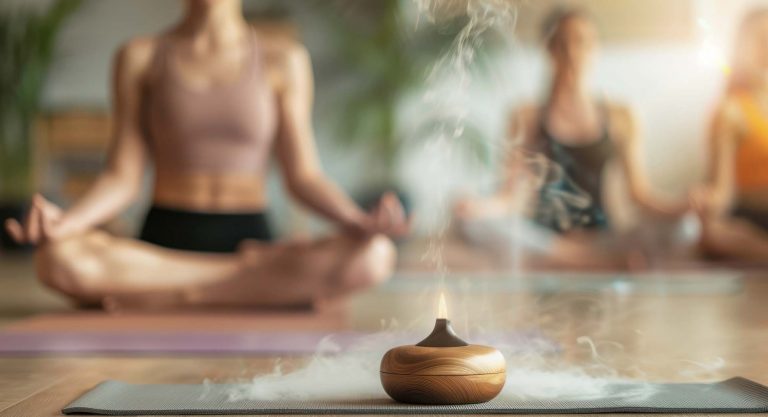 Foto de sesión de meditación en retiro de yoga en Girona