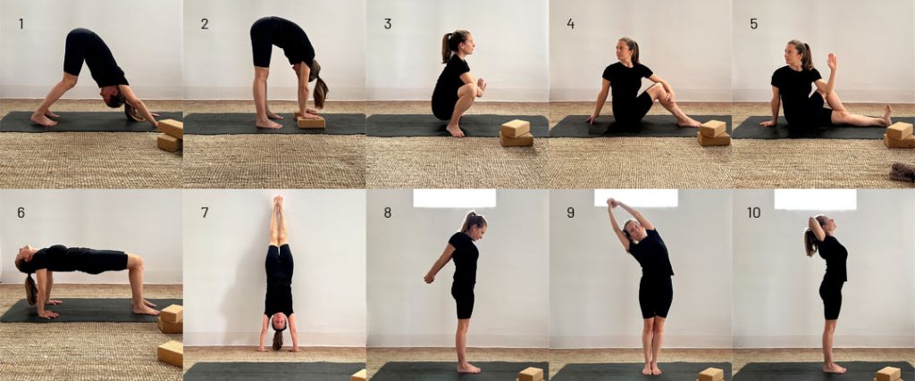 imagenes de las asanas de la secuencia Magic Ten de Jivamukti yoga