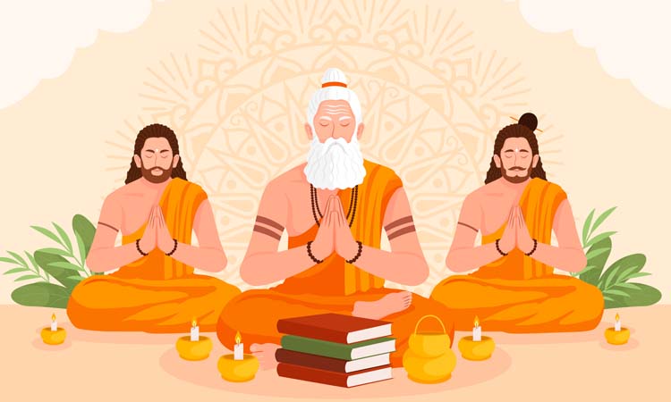 Ilustración de un maestro espiritual y dos estudiantes sentados en postura de meditación con las manos en anjali mudra, rodeados de libros y velas, símbolo de transmisión del conocimiento y práctica consciente del yoga