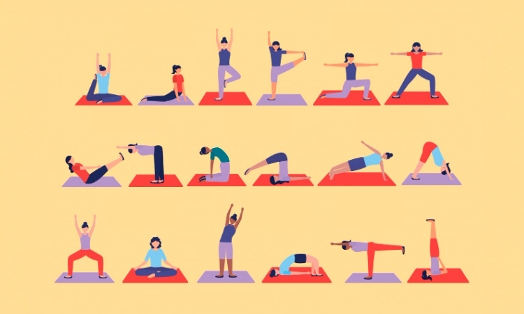 Ilustración de una secuencia de posturas de yoga enlazadas como en una clase estilo vinyasa de Jivamukti Yoga