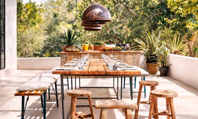 Imagen de un espacio exterior preparado para comidas, convivencia y talleres durante un retiro de yoga.