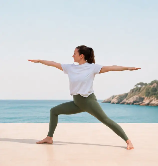 Imagen de Ana Moxó prácticando yoga haciendo la postura Guerrero 2