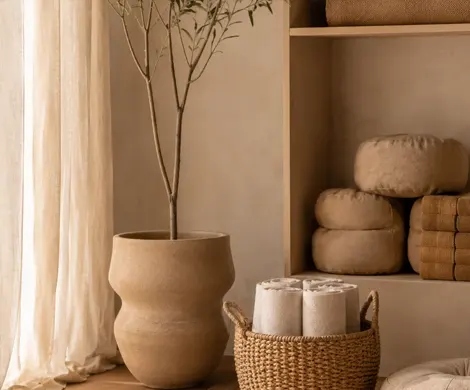 Detalle de bolsters y bloques en un estudio de yoga