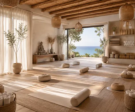Imagen de vista de un estudio de yoga con esterillas preapradas y el mar de fondo