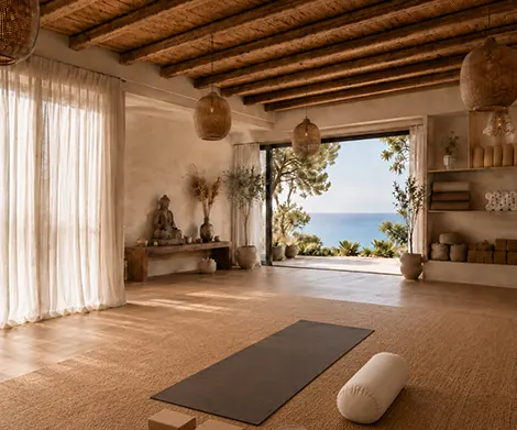 Imagen de detalle de estudio de yoga con mar de fondo