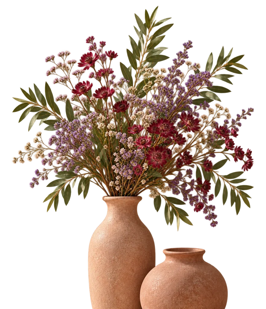 Imagen de jarrones de cerámica con ramo de flores lilas y granates