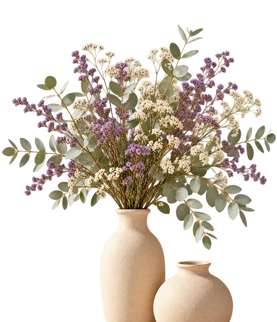 Imagen de jarrones de cerámica con un ramo de flores blancas y lilas
